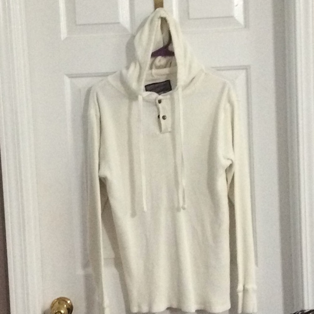 Off-White long sleeve hooded shirt.